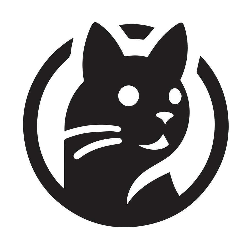 A stylized, black and white illustration of a cat's head, centered in a circle. vector