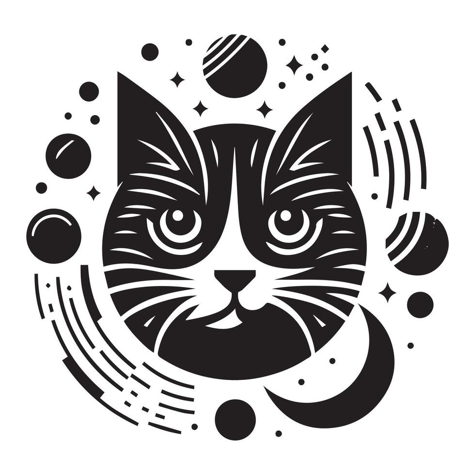 A stylized, black-and-white silhouette of a cat's head, positioned within a circular design reminiscent of a stylized moon or abstract wave pattern. vector