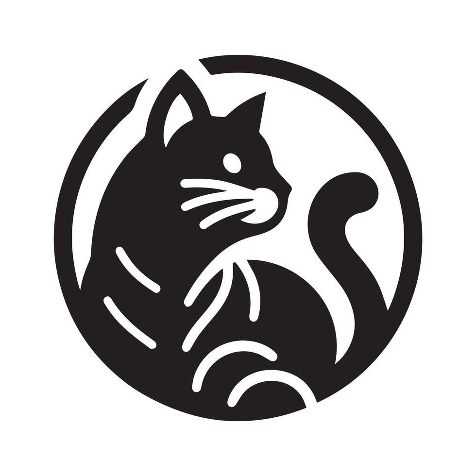 black-and-white silhouette of a cat's head, positioned within a circular design reminiscent of a stylized moon or abstract wave pattern. vector