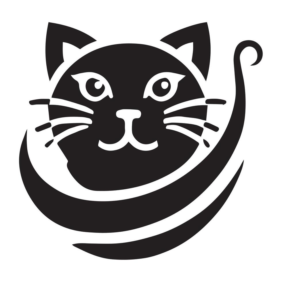 black and white silhouette of a cat's head and flowing tail, set within a stylized circular frame. vector