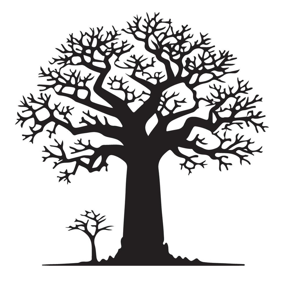Silhouette of a Baobab Tree and Sapling African Tree Illustration vector