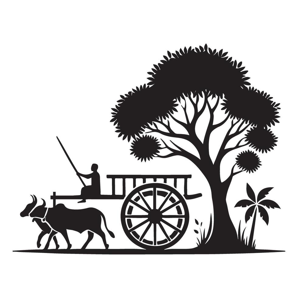 Ox Cart with Farmer Silhouette Under a Tree vector