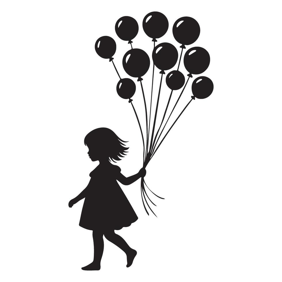 Silhouette Illustration of a Little Girl Joyfully Walking with Balloons vector