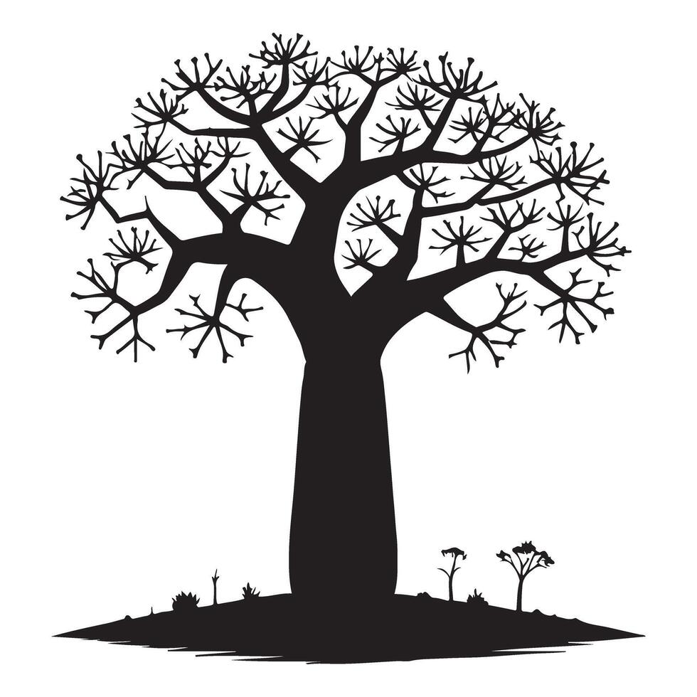 Silhouette of a Larger Baobab Tree with Smaller Plants vector