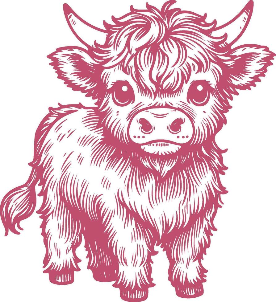 Adorable Baby Highland Cow Standing Illustration in Vintage Style vector