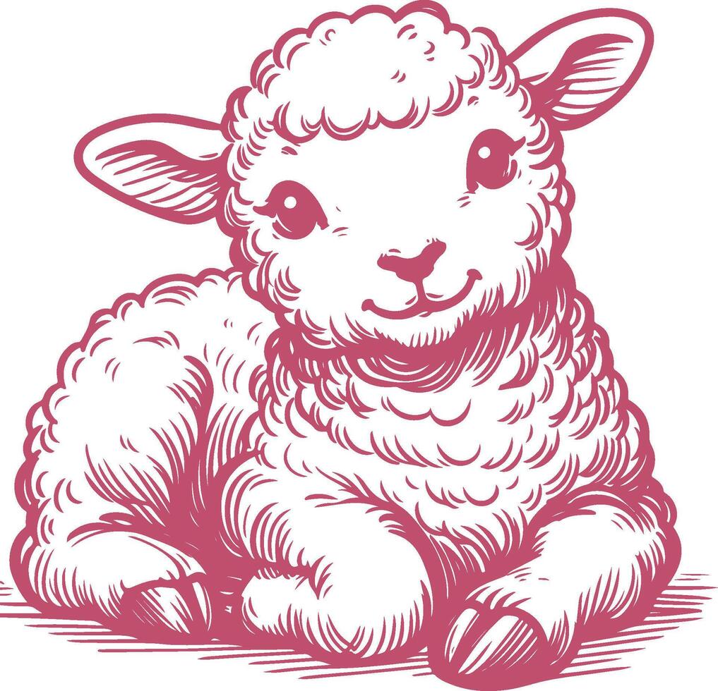 Adorable Sitting Baby Sheep Hand Drawn in Rustic Vintage Style vector