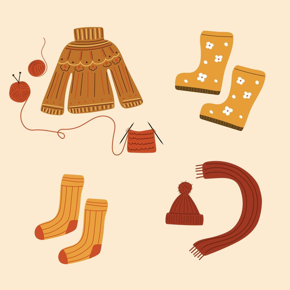 Autumn warm cozy clothes set. vector