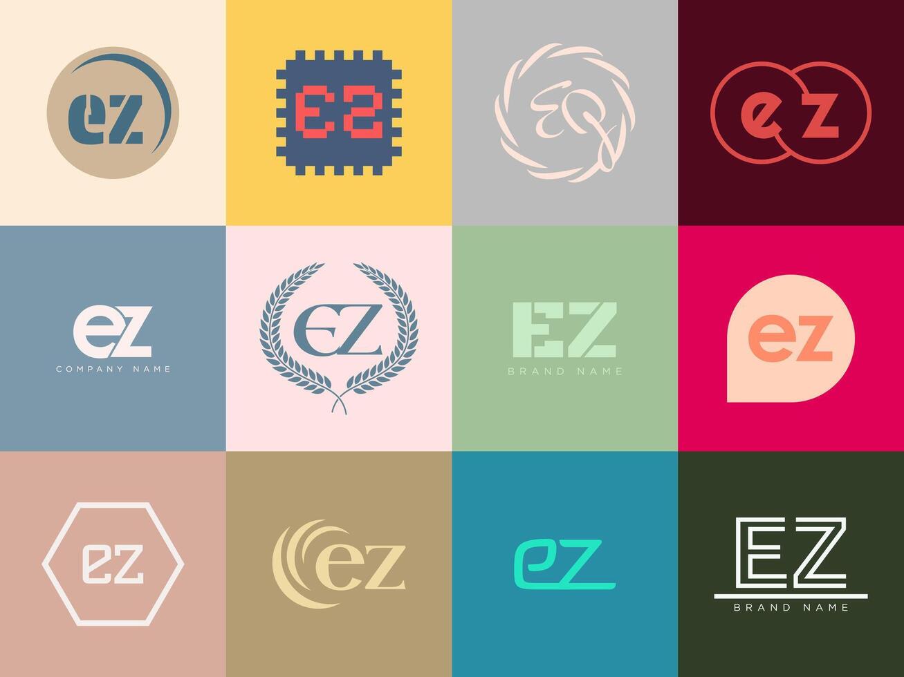 EZ logo company template. Letter e and z logotype. Set different classic serif lettering and modern bold text with design elements. Initial font typography. vector