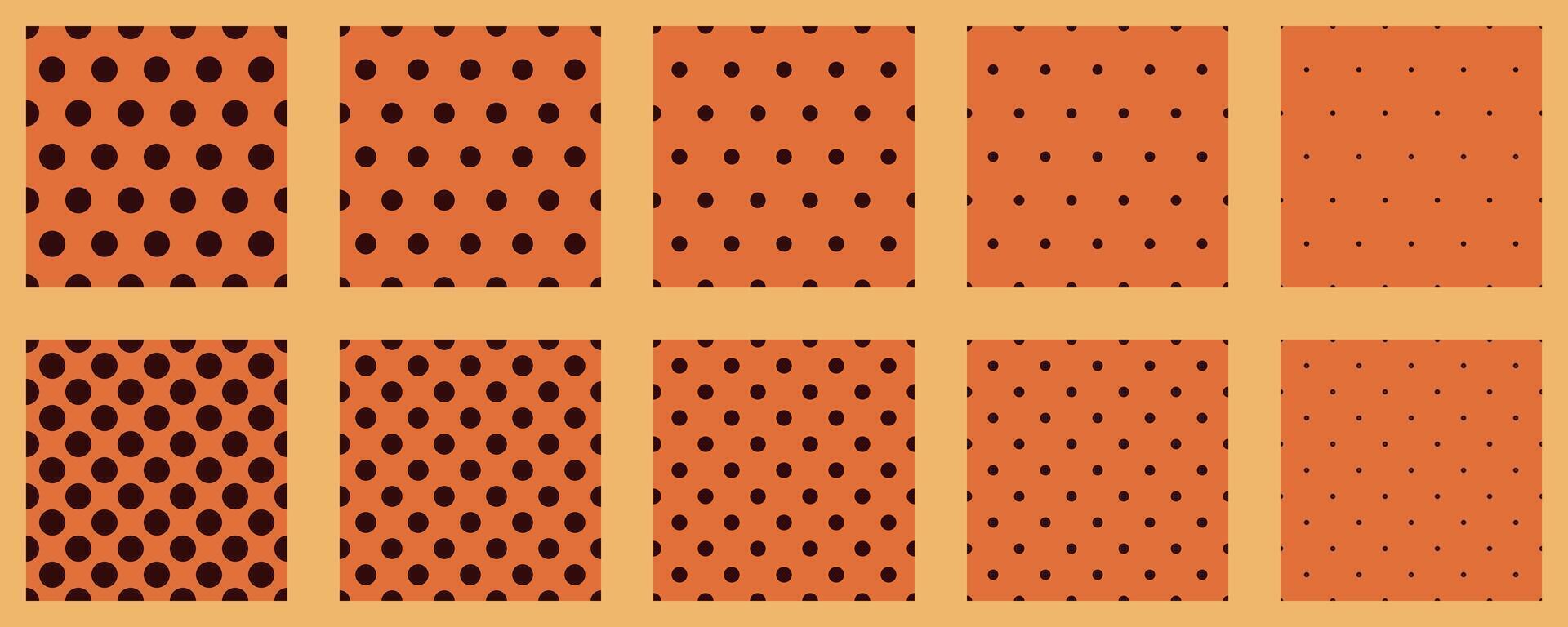 Ten variations of a stylish orange and dark brown polka dot pattern. Perfect for textile design, website backgrounds, or any project needing a retro or playful aesthetic. vector