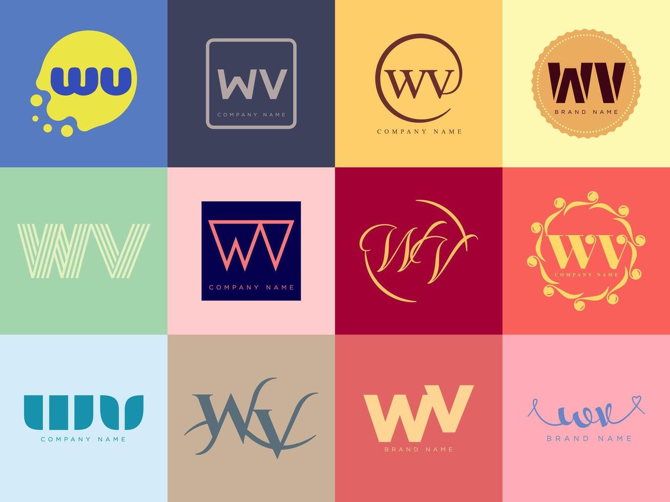 WV logo company template. Letter w and v logotype. Set different classic serif lettering and modern bold text with design elements. Initial font typography. vector