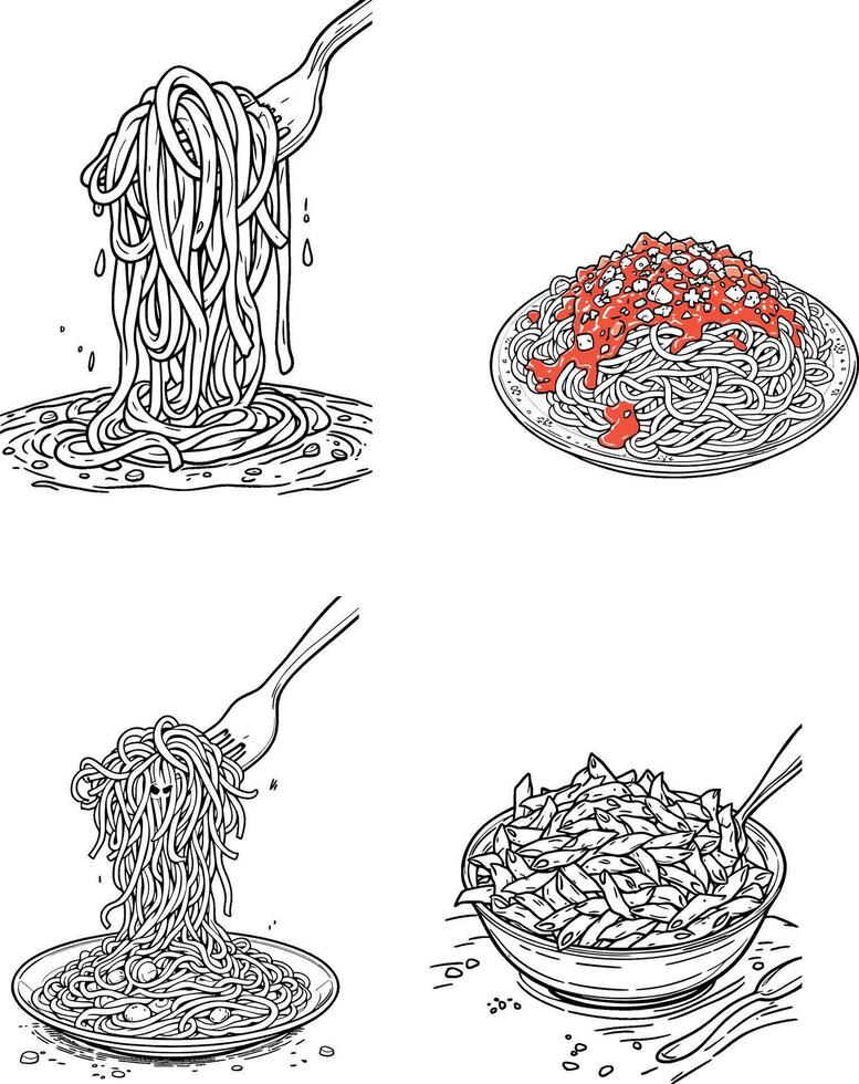 Fork twirling spaghetti and penne pasta dishes, a culinary illustration vector