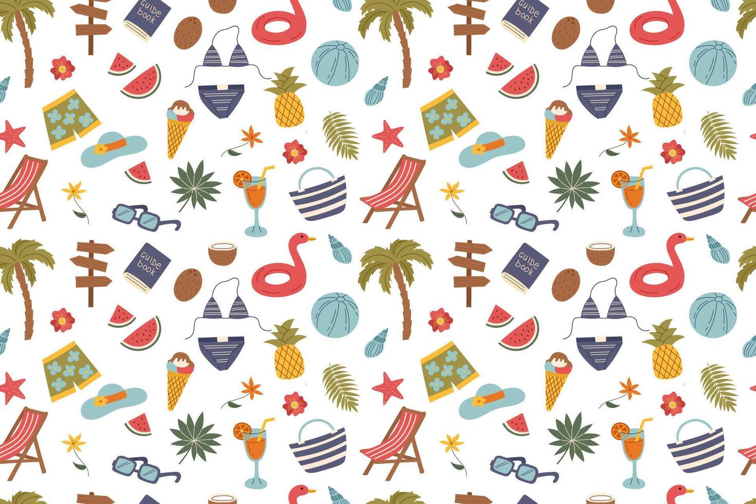 Seamless travel pattern with summer beach objects isolated on white. Travel, vacation, summer, beach concepts. vector