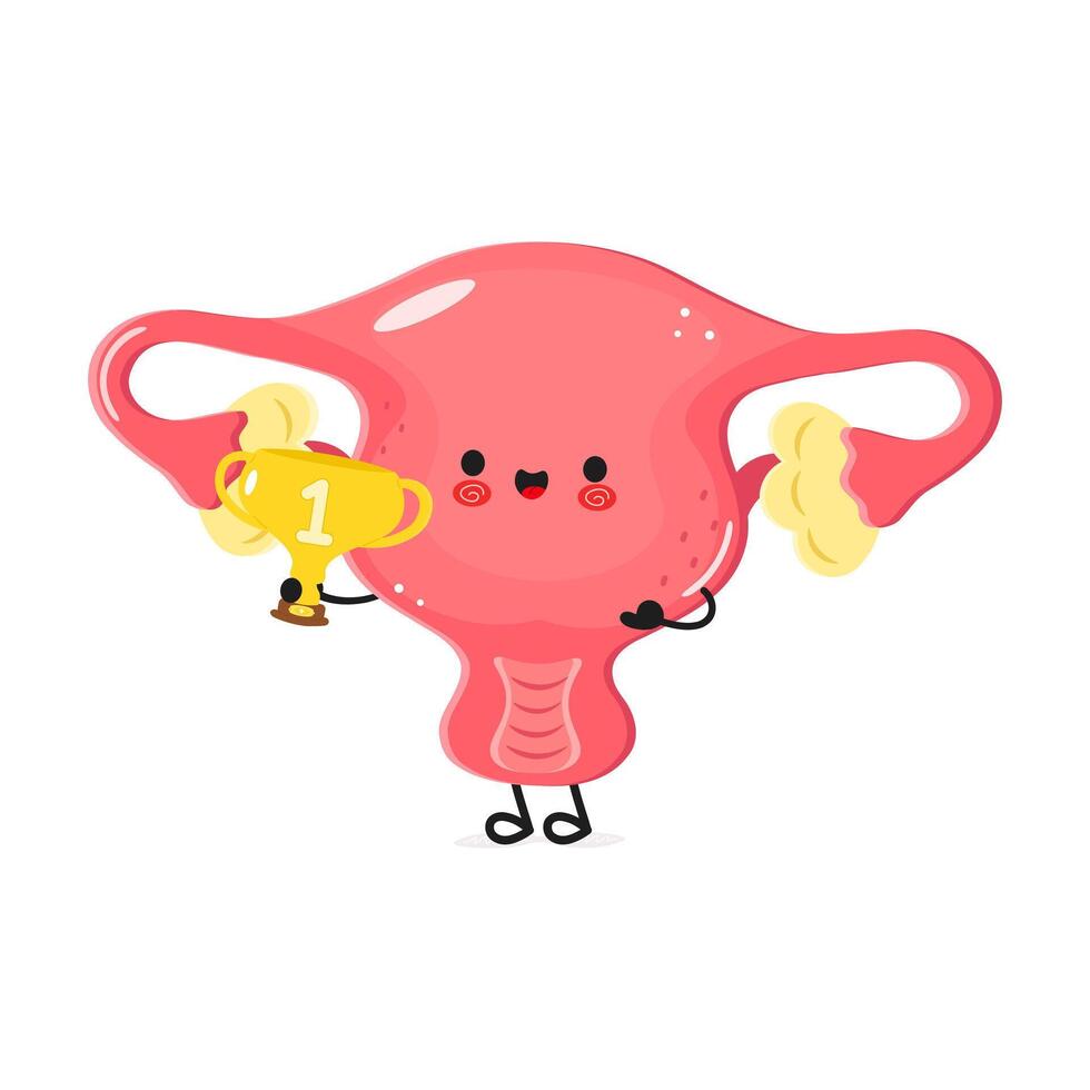 Cute smiling Uterus cartoon holding a golden trophy on white background vector