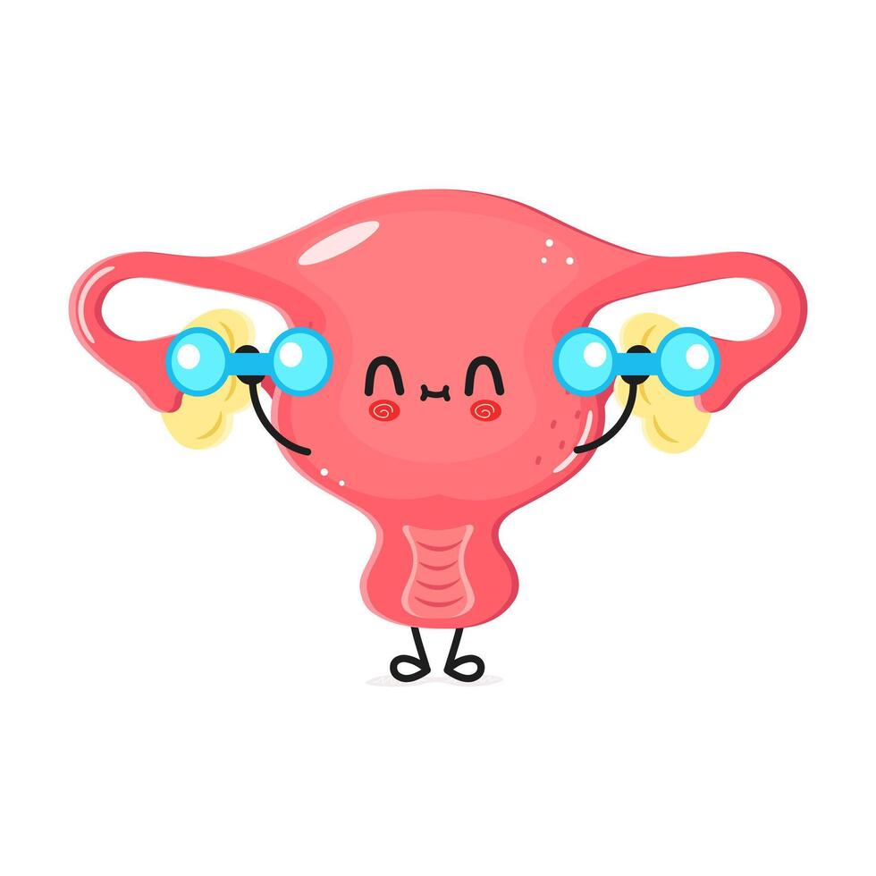 Cute Uterus character lifting dumbbells, white background, health concept vector