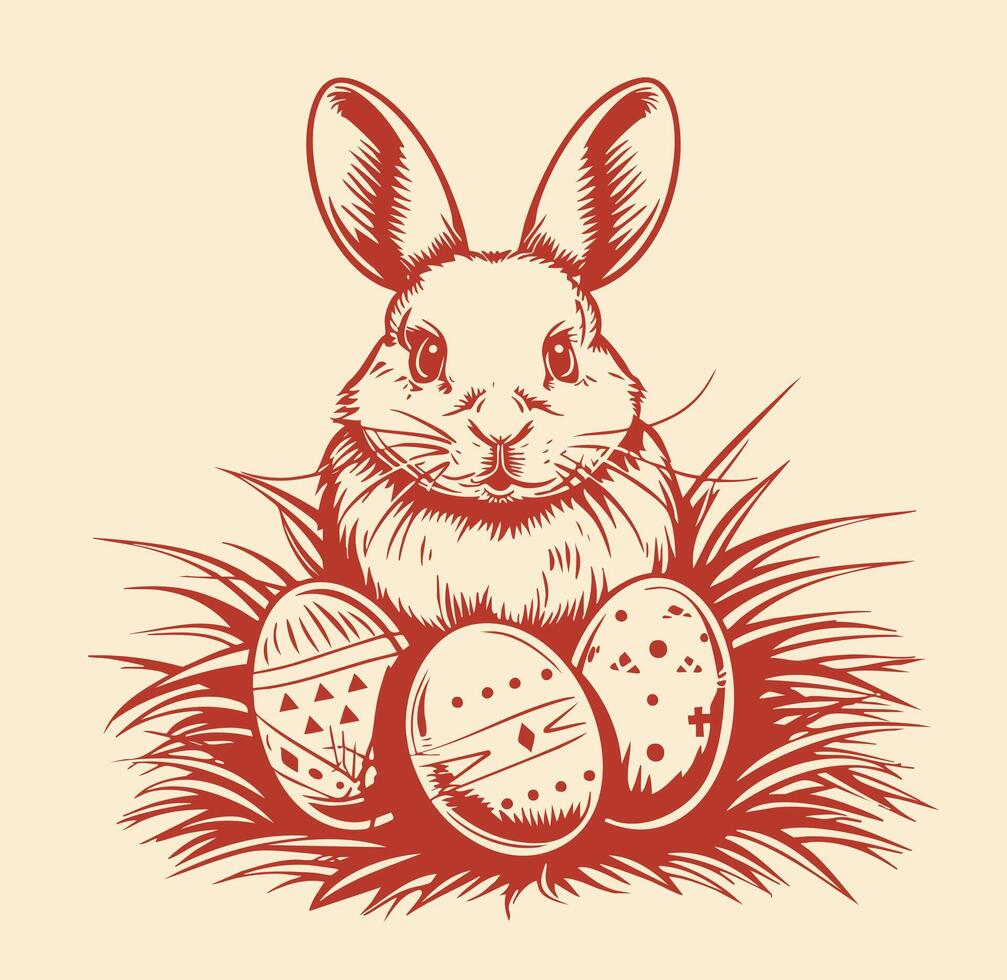 Rabbit sitting and eggs sketch engraving hand drawn illustration vector