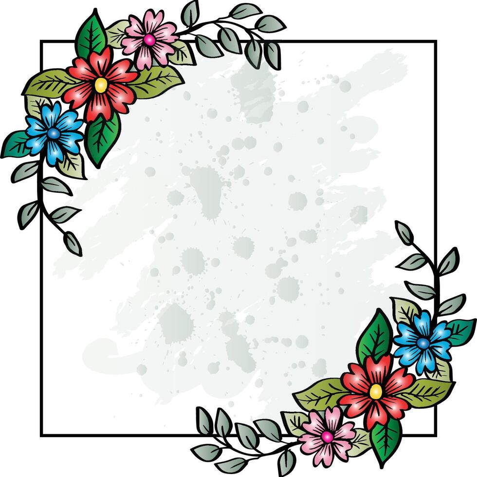 Beautiful flower square frame with splater water color background. Hand drawn sketch style flowers. vector