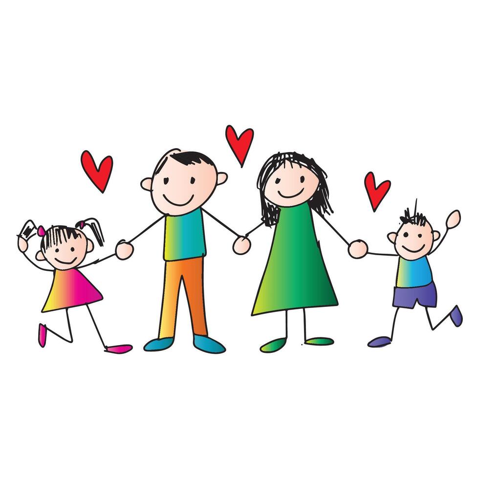 Happy family holding hands. Mother father and children. vector