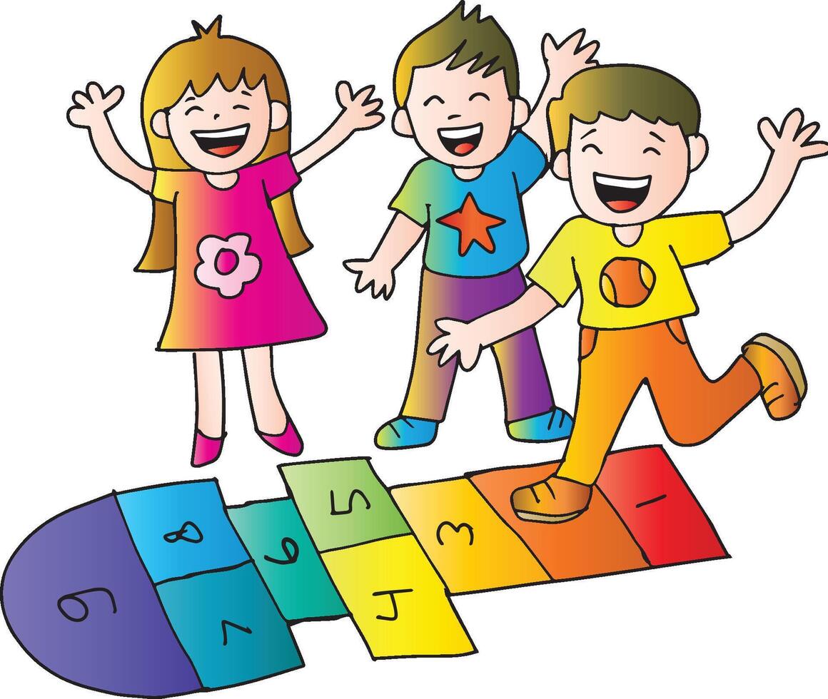 Happy kids playing hopscotch game. vector