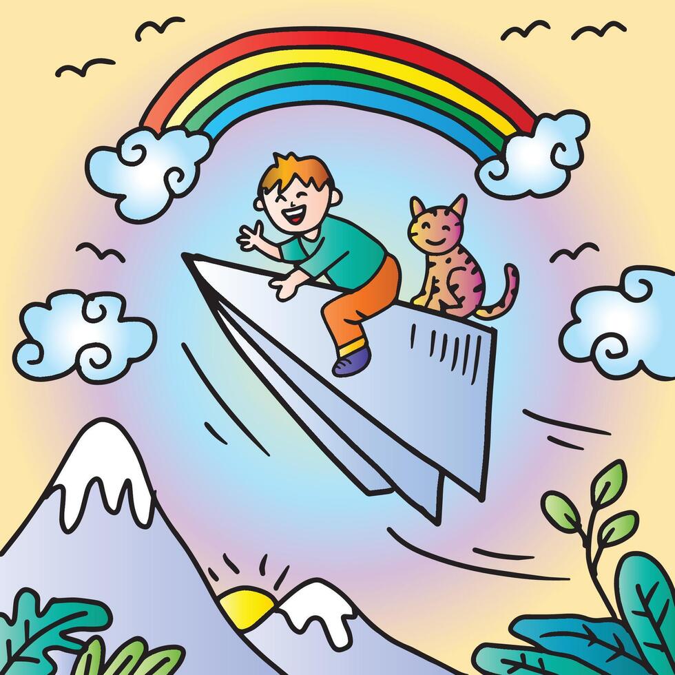 Little boy flying on paper plane with cat and rainbow. vector
