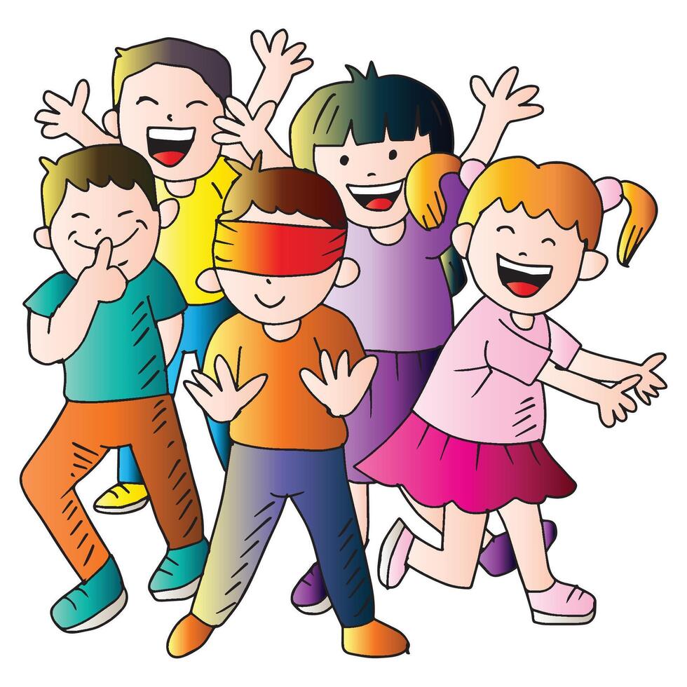 Group of happy children, boys and girls, children playing blind. vector