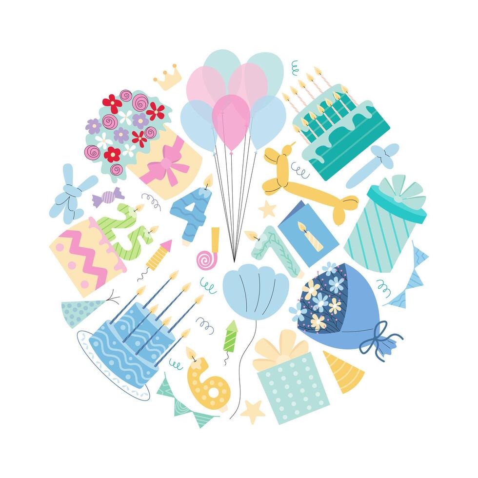 Birthday elements flat set. Happy Birthday cake with candles, balloons, bouquets and gift boxes. vector