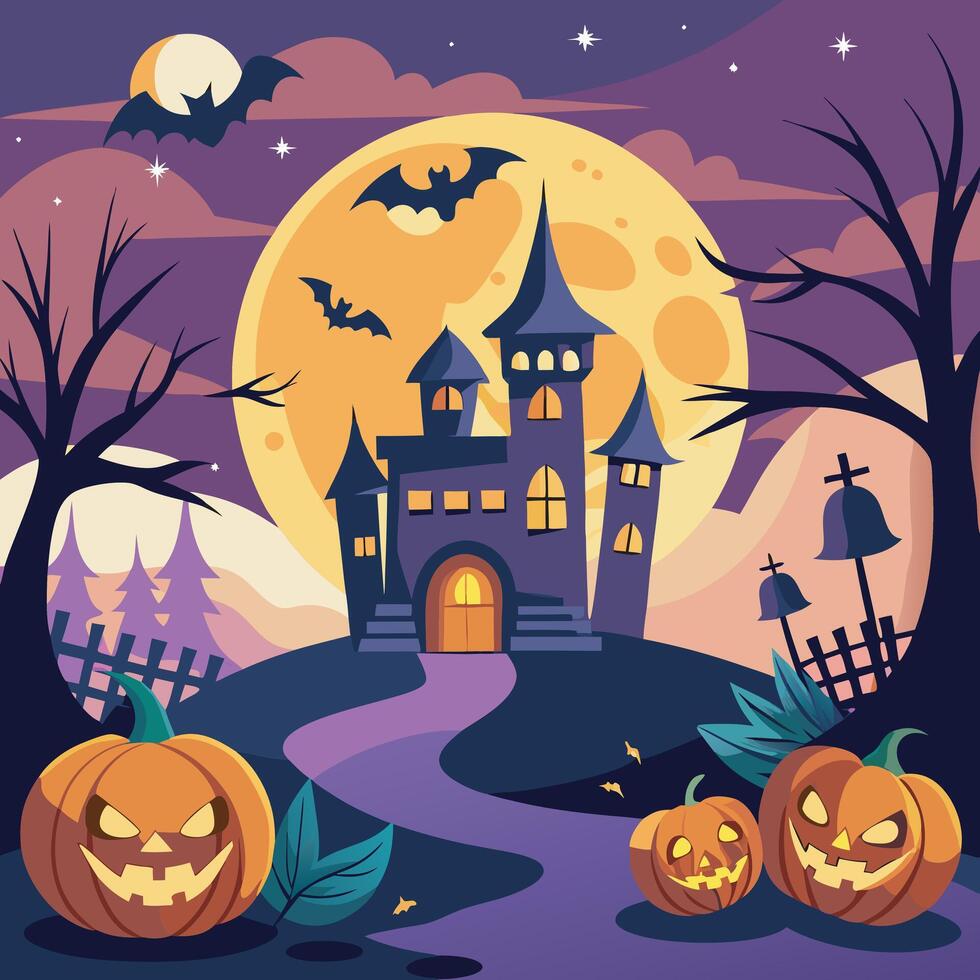 Halloween background featuring spooky pumpkins, flying bats, and a haunted house with eerie vibes vector