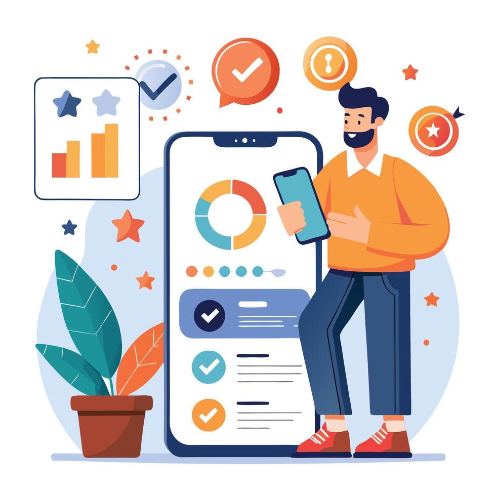 illustration of a man using a smartphone app to analyze customer satisfaction survey scores for data insights vector