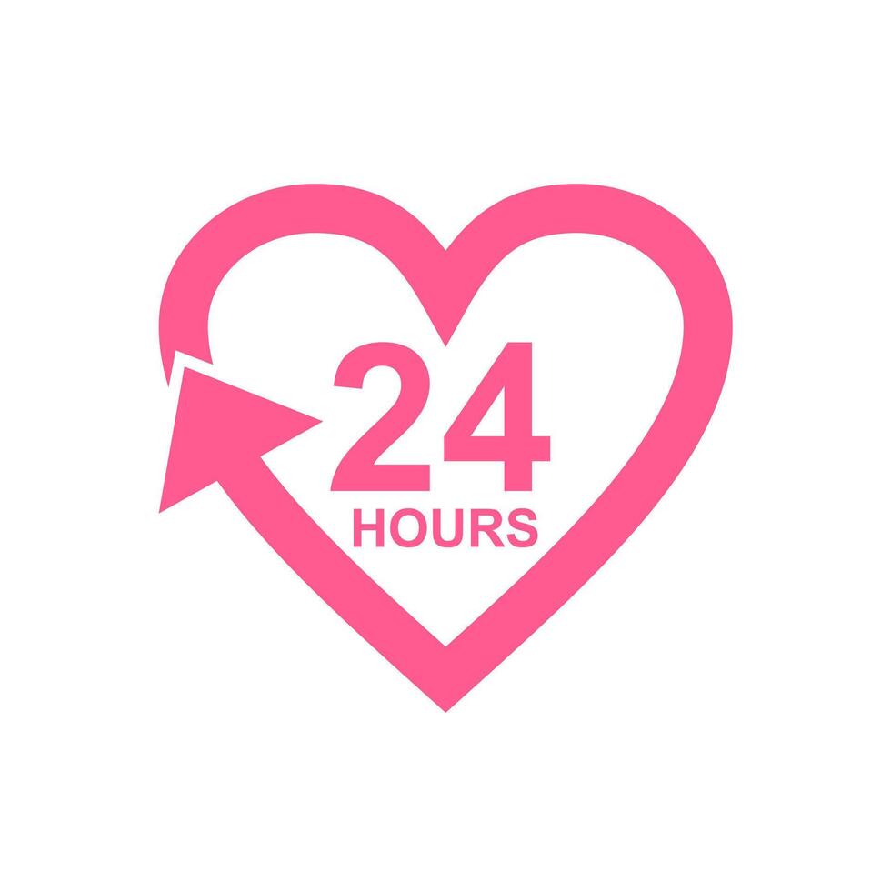 24 Hours Heart Support. Twenty four hours sign. Pink Flat Icon vector
