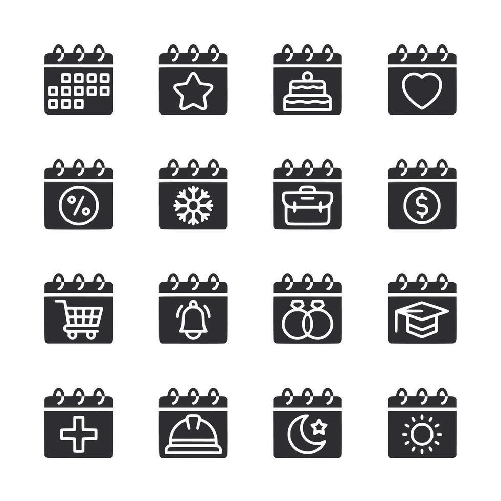 A set of black and white icons for a calendar vector