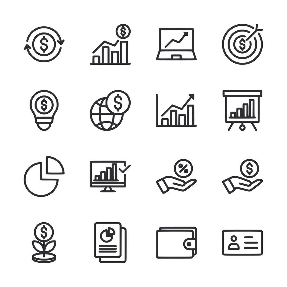 A set of icons that include a dollar sign, a globe, a computer vector