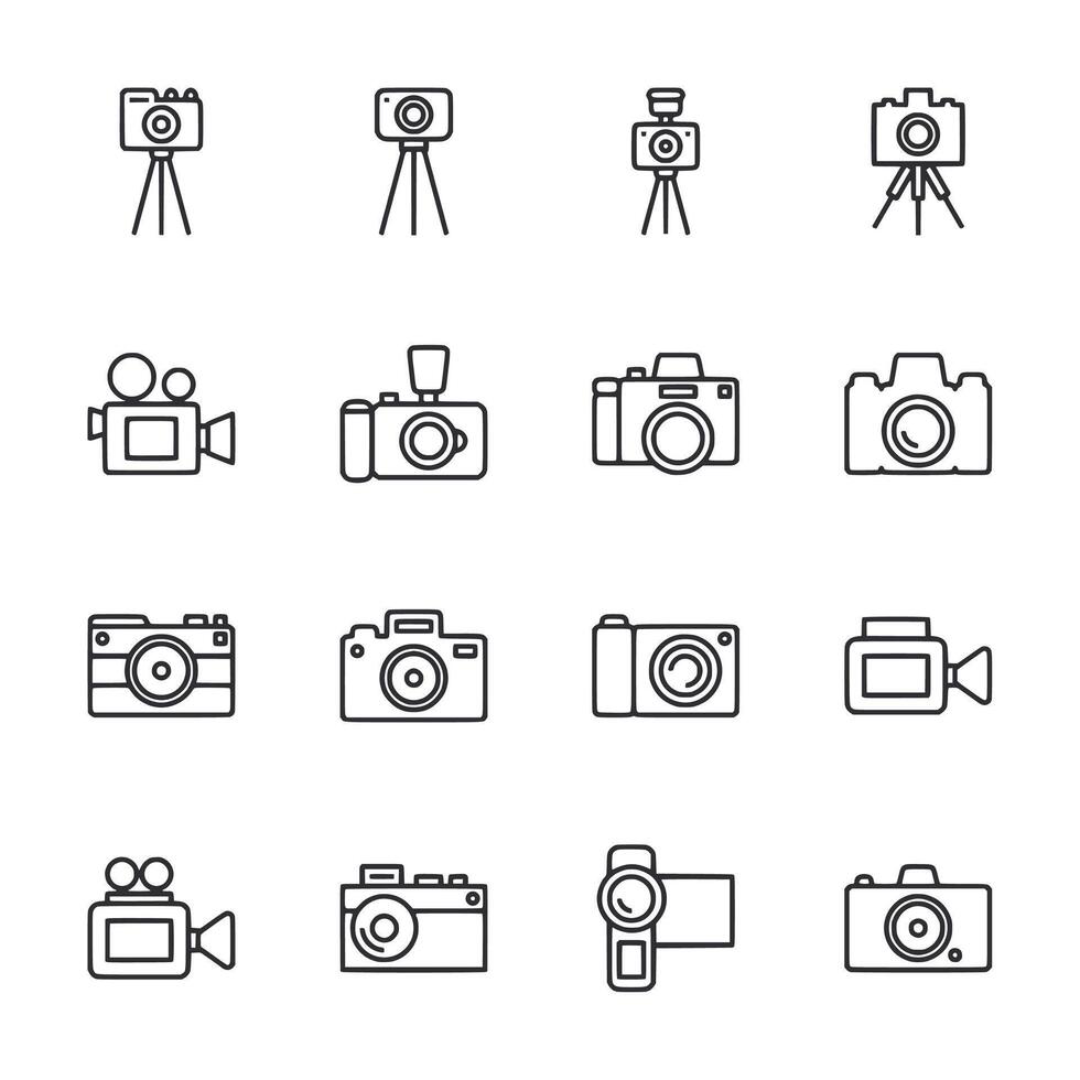 A collection of camera icons, including a camera with a tripod vector