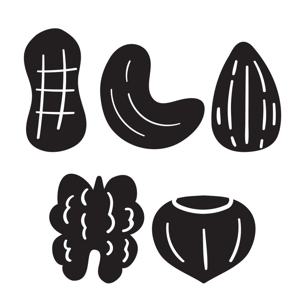 Collection of nuts. Silhouettes. Isolated icons. Hand drawn illustrations on white background. vector