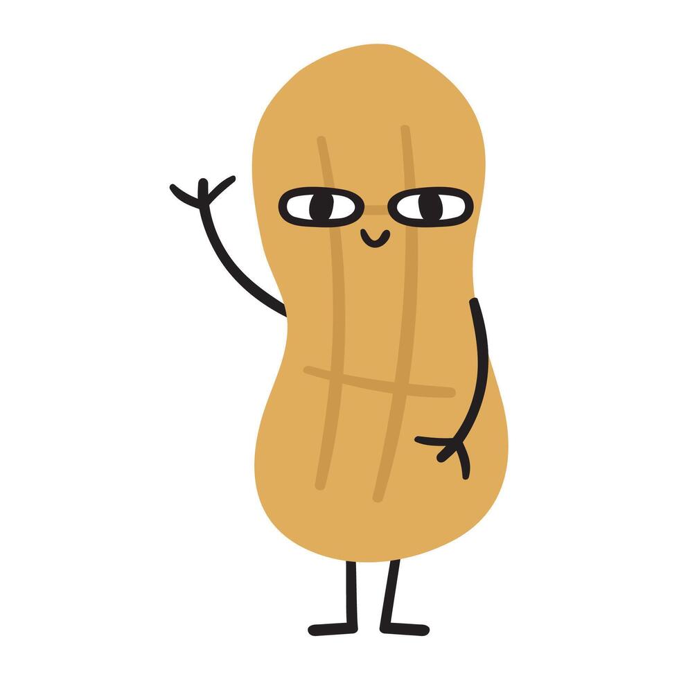 Cute and smiling peanut. Funny character. Flat hand drawn design. Illustration on white background. vector