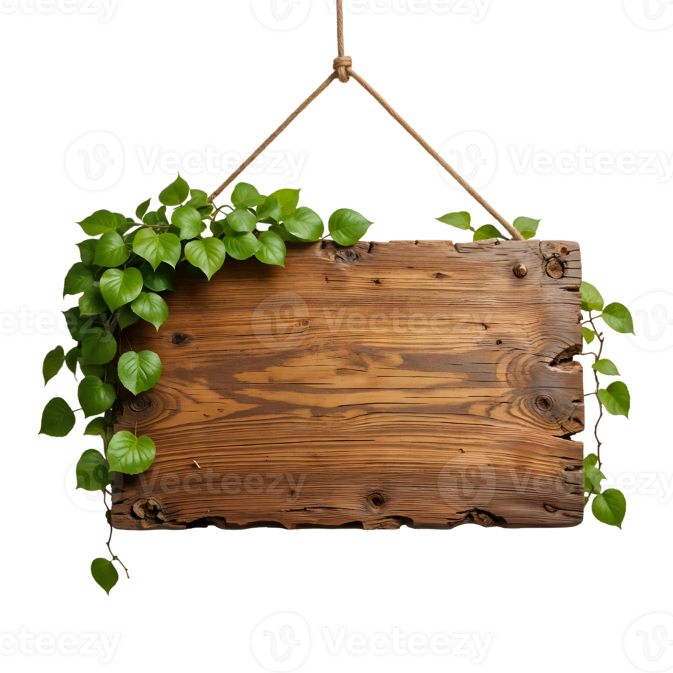 Rustic Wooden Signboard with Green Leaves Hanging on Transparent Background png
