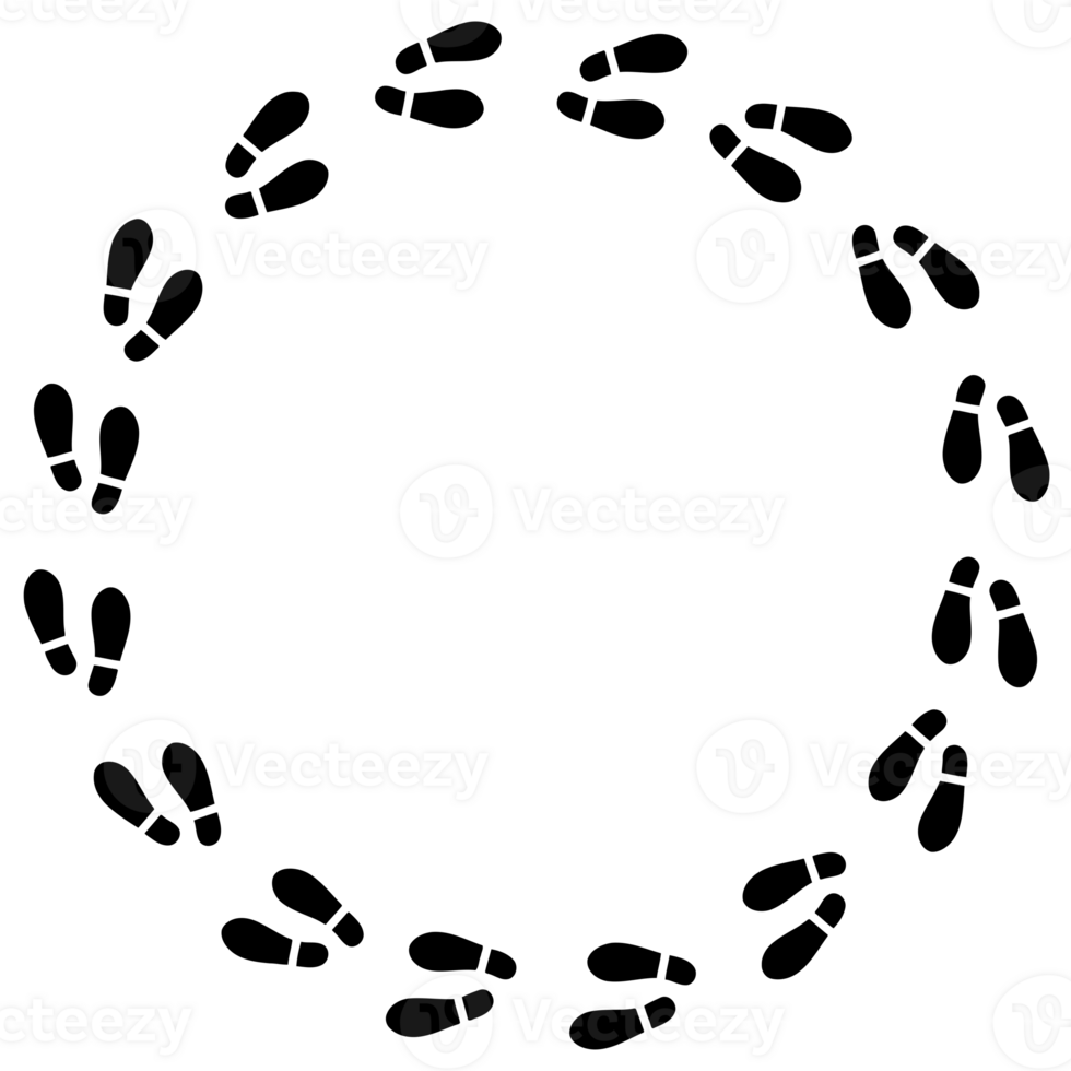 Black footprints arranged in perfect circle formation, isolated, circular pattern of movement. Sequential shoe marks suggest rhythmic dance steps, organized group motion, or being stuck in a loop. png