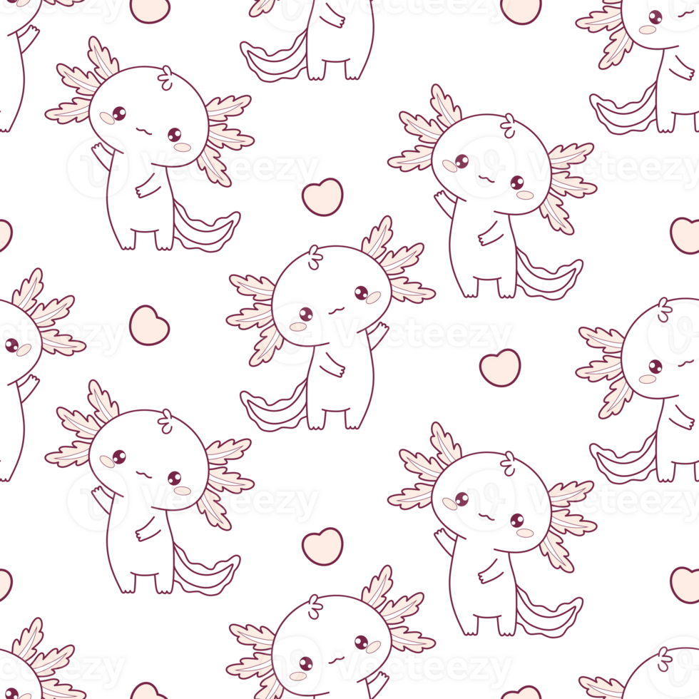 Romantic Seamless pattern cute little Axolotl. Outline drawing png