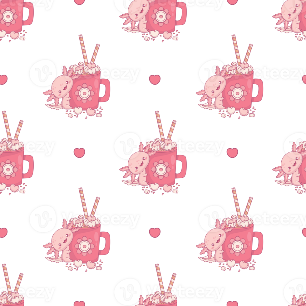 Seamless pattern with pink Axolotl with cup festive hot cocoa with marshmallows png