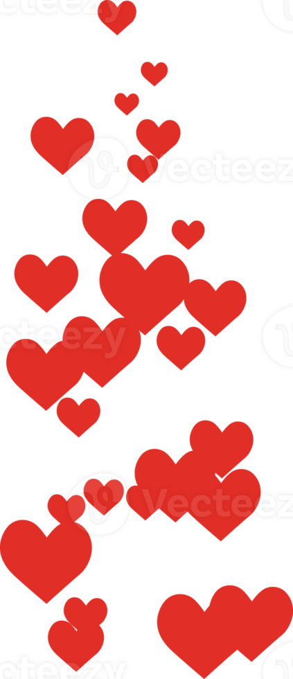 Red hearts falling design element for Valentines Day, love, romance, passion, affection, wedding, anniversary, greeting cards, celebration, holiday, decor, clipart, transparent background. png