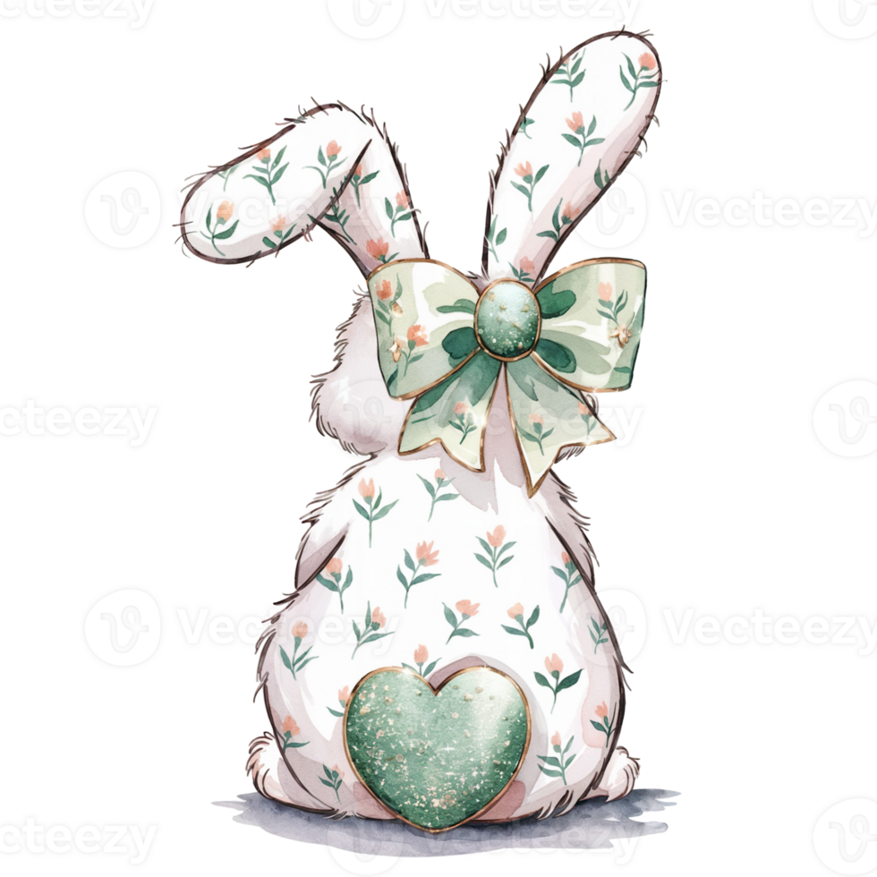 A bunny silhouette is adorned with a floral pattern and decorated with a sparkly green bow on its neck and a heart on its lower end cutouts png