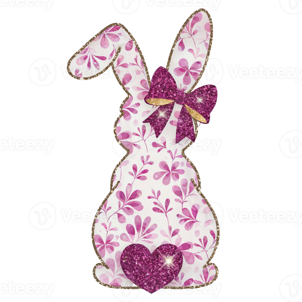 A bunny silhouette is adorned with a floral pattern and decorated with a sparkly pink bow on its neck and a heart on its lower end cutouts png