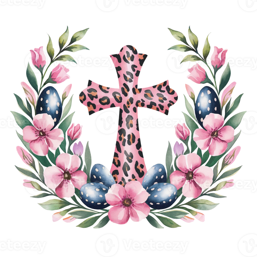 A leopard print cross is surrounded by vibrant pink flowers and dark blue eggs cutouts png
