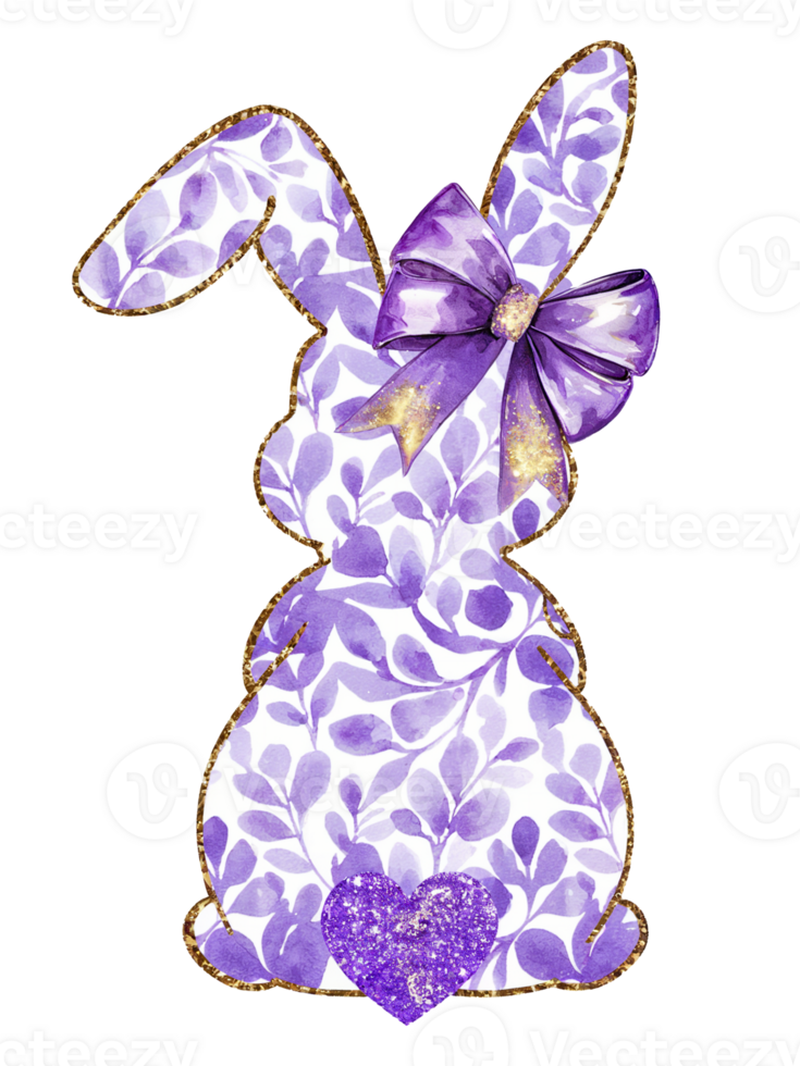 A bunny silhouette is adorned with a floral pattern and decorated with a sparkly purple bow on its neck and a heart on its lower end cutouts png