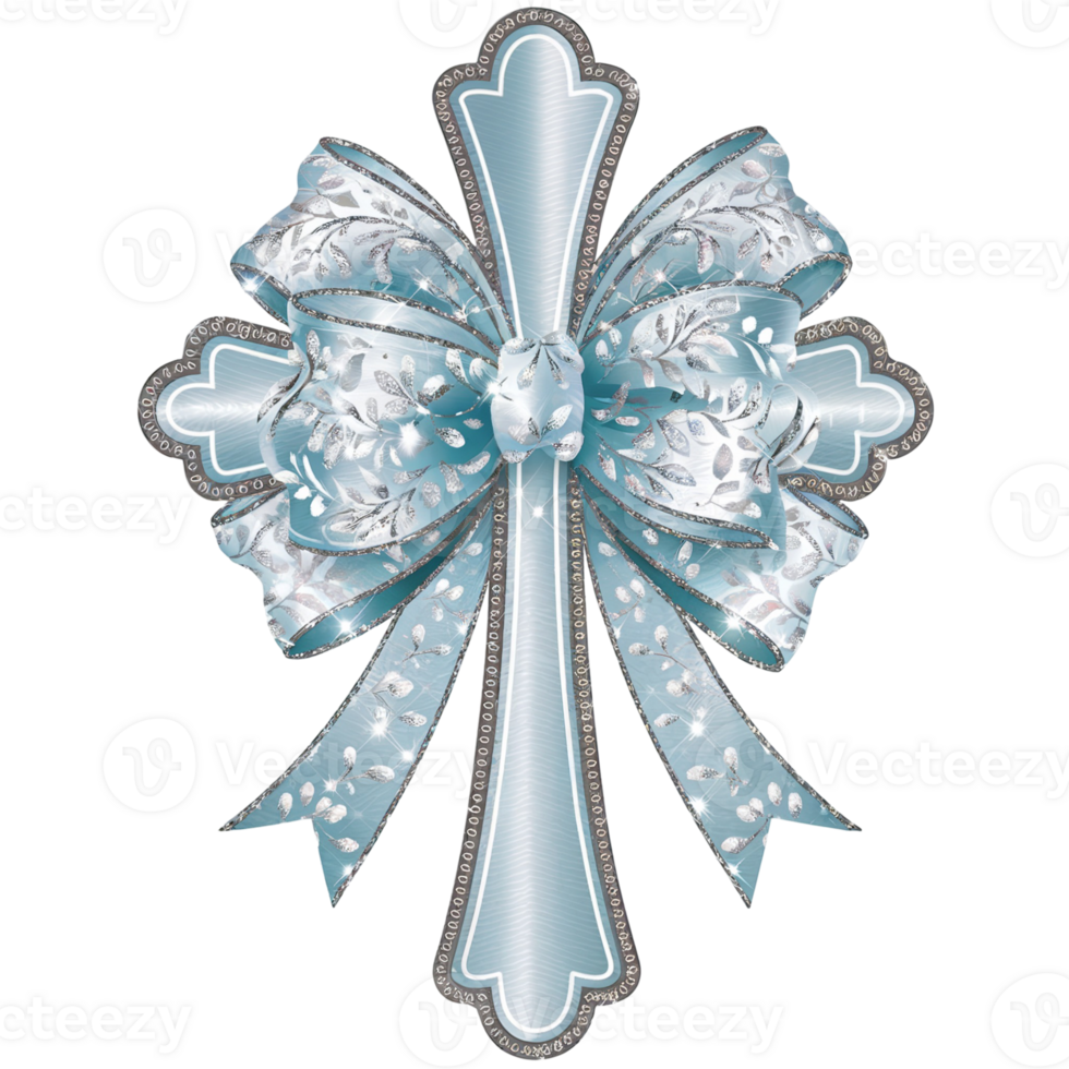 A decorative bow in soft blue and silver hues features intricate floral patterns and ornate trim cutouts png