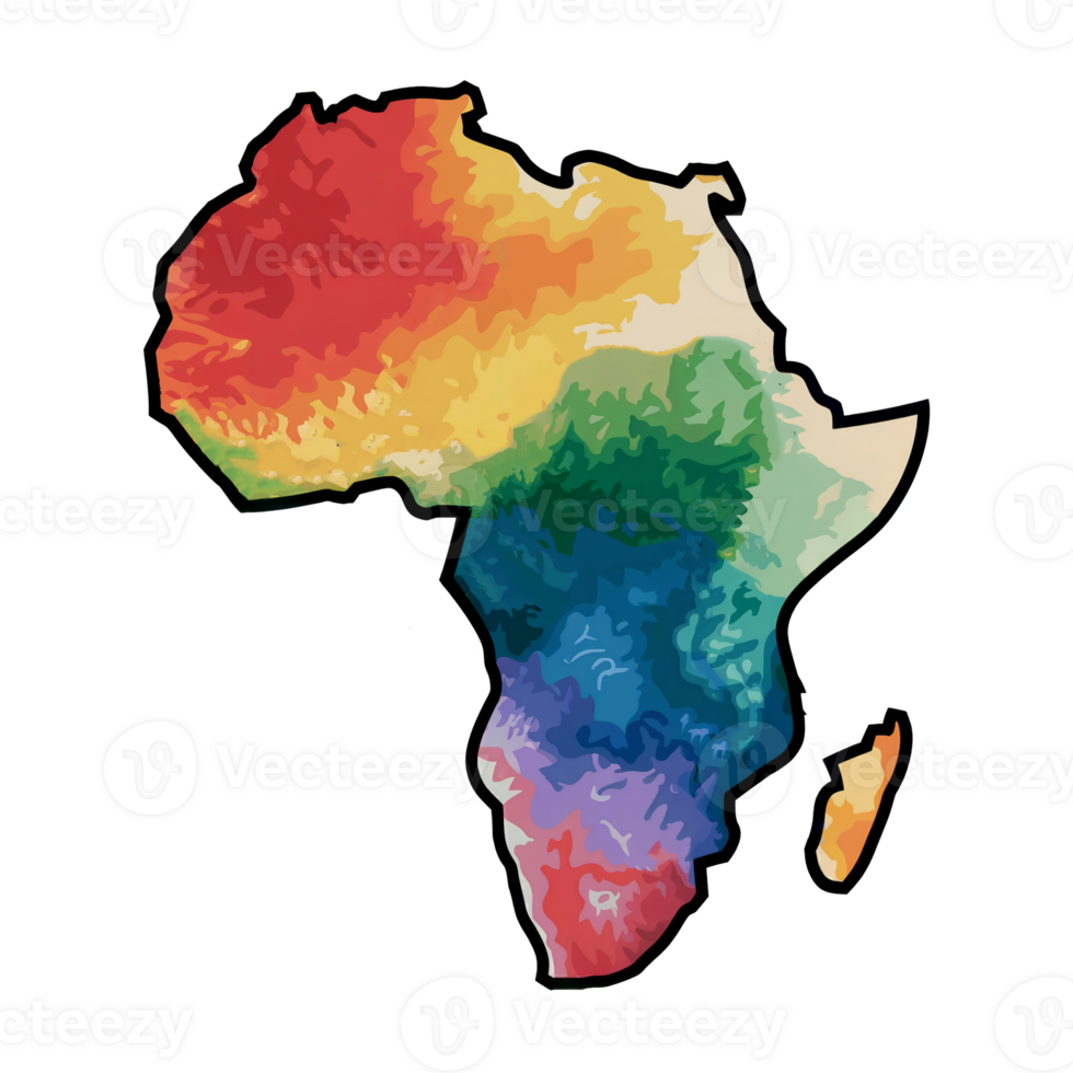A vibrant map outlines the African continent, filled with a spectrum of colors cutouts png