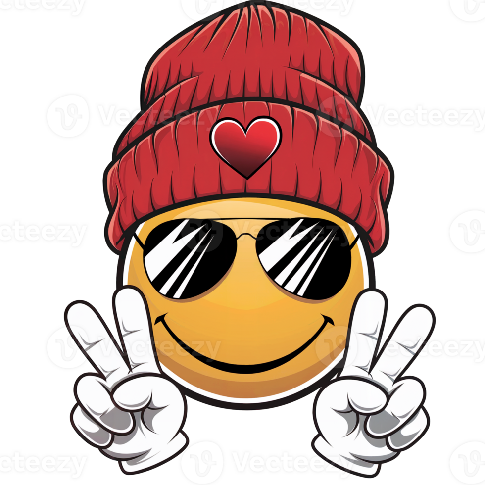 A cheerful emoji wears a red beanie with a heart emblem and stylish sunglasses. cutouts png
