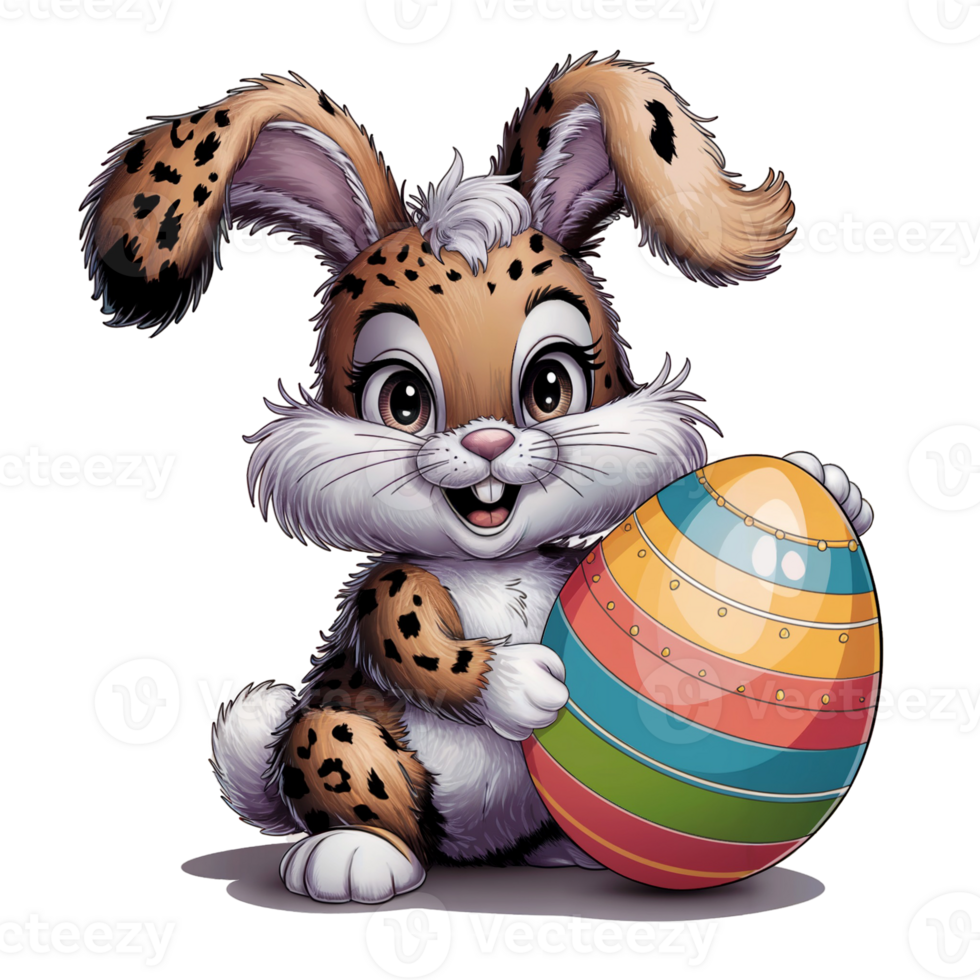 A cartoon rabbit with speckled fur holds a vibrant, patterned Easter egg. cutouts png