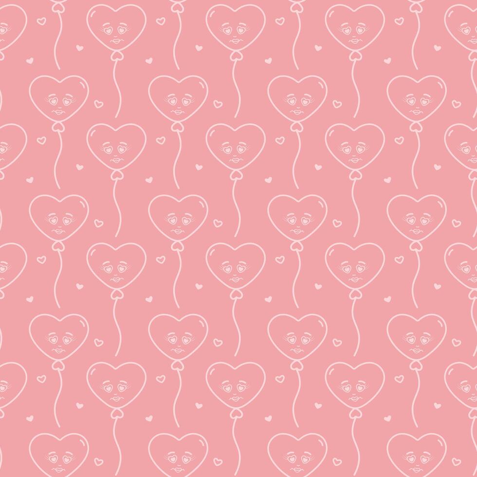 Outline Hand drawn Heart shape balloons and hearts Seamless Pattern. White on soft pink background. Isolated illustration Wallpaper wrapping or web promo banner, posting, blog, tag background vector