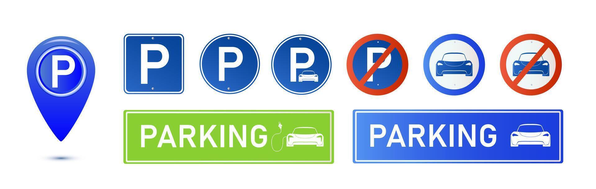 Car parking eco electric icon set. Parking and traffic signs isolated on white background. Map parking pointer. vector