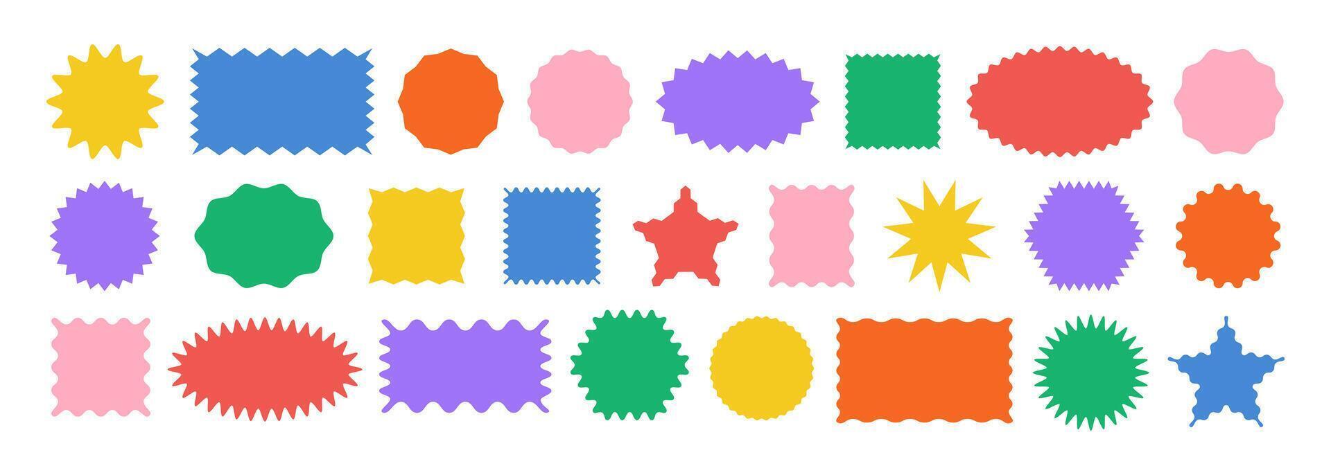 Different geometric shapes with zig zag wavy edge. Rectangle, Oval, Circle, Square. set color elements for design frame, stamp, template and badges vector