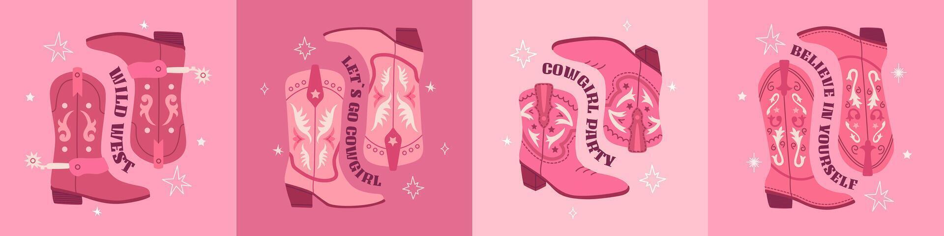 Set pink cowgirl boots with ornament. Trendy phrase print, party poster Cowboy western and wild west theme. Hand drawn illustration vector